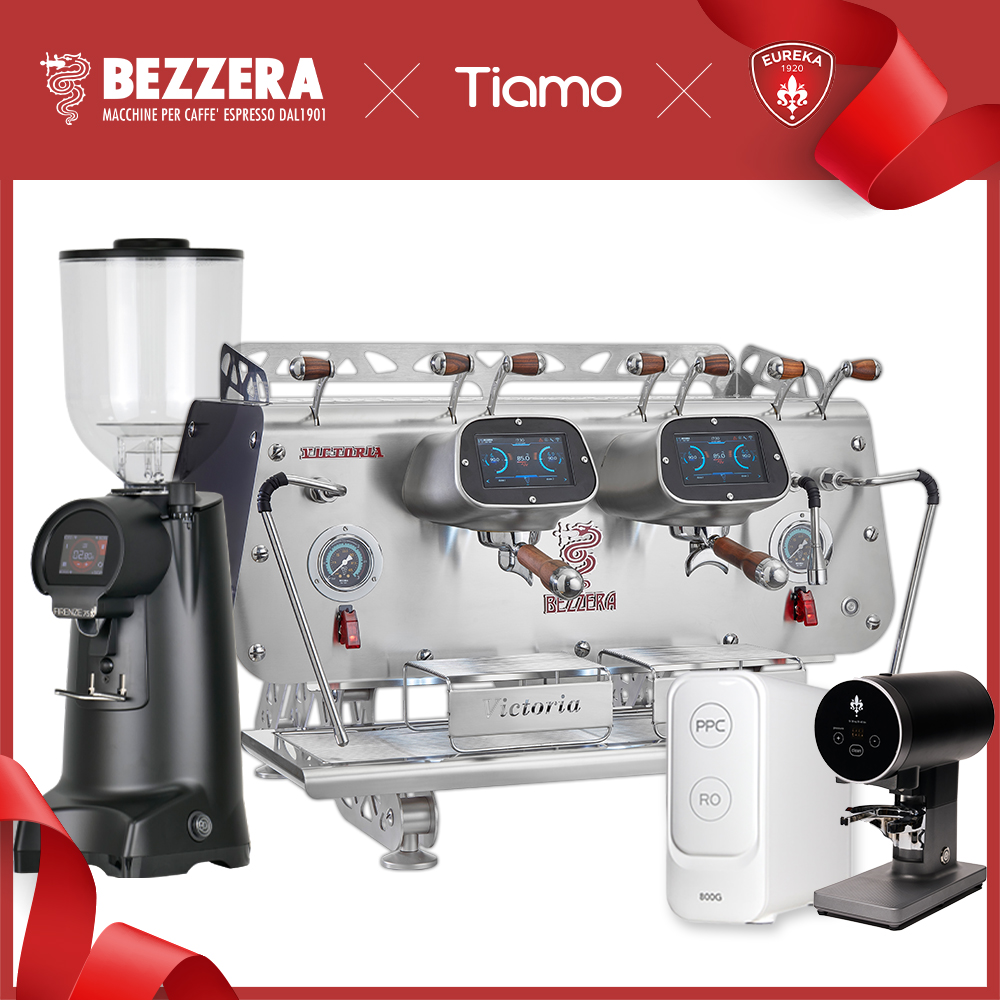 【組合特惠】磨豆機3選1！BEZZERA 貝澤拉 質感黑－VICTORIA DE 雙孔機 + EUREKA FIRENZE 75 / Fiorenzato F64 EVO / WPM ZD-18 + Eureka自動填壓器 + RO鮮活純水機 + 鋼製 壓力式儲水桶