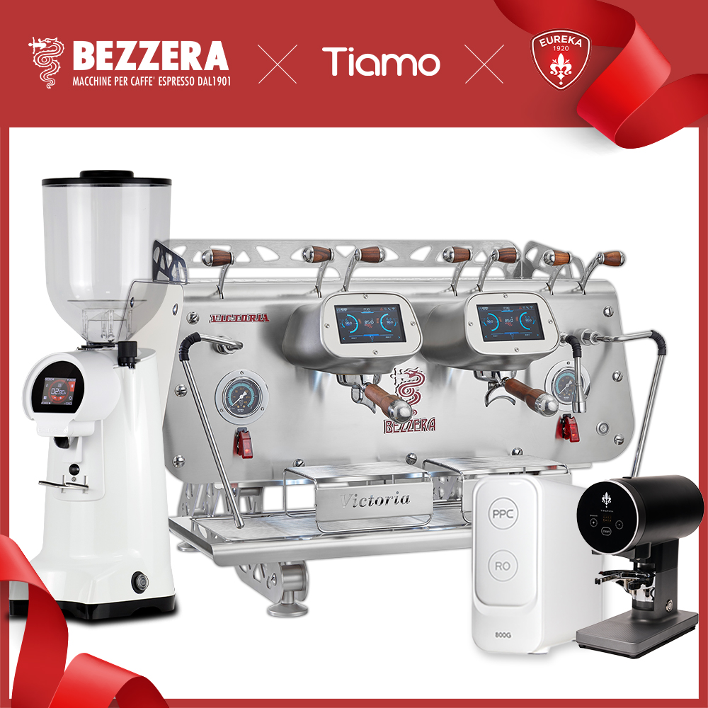 【組合特惠】磨豆機3選1！BEZZERA 貝澤拉 簡約白－VICTORIA DE 雙孔機 + EUREKA FIRENZE 75 / Fiorenzato F64 EVO / WPM ZD-18 + Eureka自動填壓器 + RO鮮活純水機 + 鋼製 壓力式儲水桶