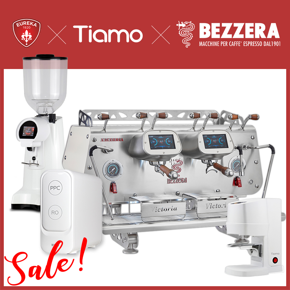 組合特惠 磨豆機3選1！BEZZERA 貝澤拉 簡約白－VICTORIA DE 雙孔機+Tiamo自動填壓器 + EUREKA FIRENZE 75 / Fiorenzato F64 EVO / WPM ZD-18 +RO鮮活純水機+鋼製 壓力式儲水桶  |BEZZERA 營業用 咖啡機