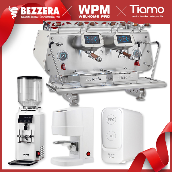 組合特惠！BEZZERA 貝澤拉 簡約白－VICTORIA DE 雙孔機+Tiamo自動填壓器+ZD-18 磨豆機+RO鮮活純水機+鋼製 壓力式儲水桶  |BEZZERA 咖啡機
